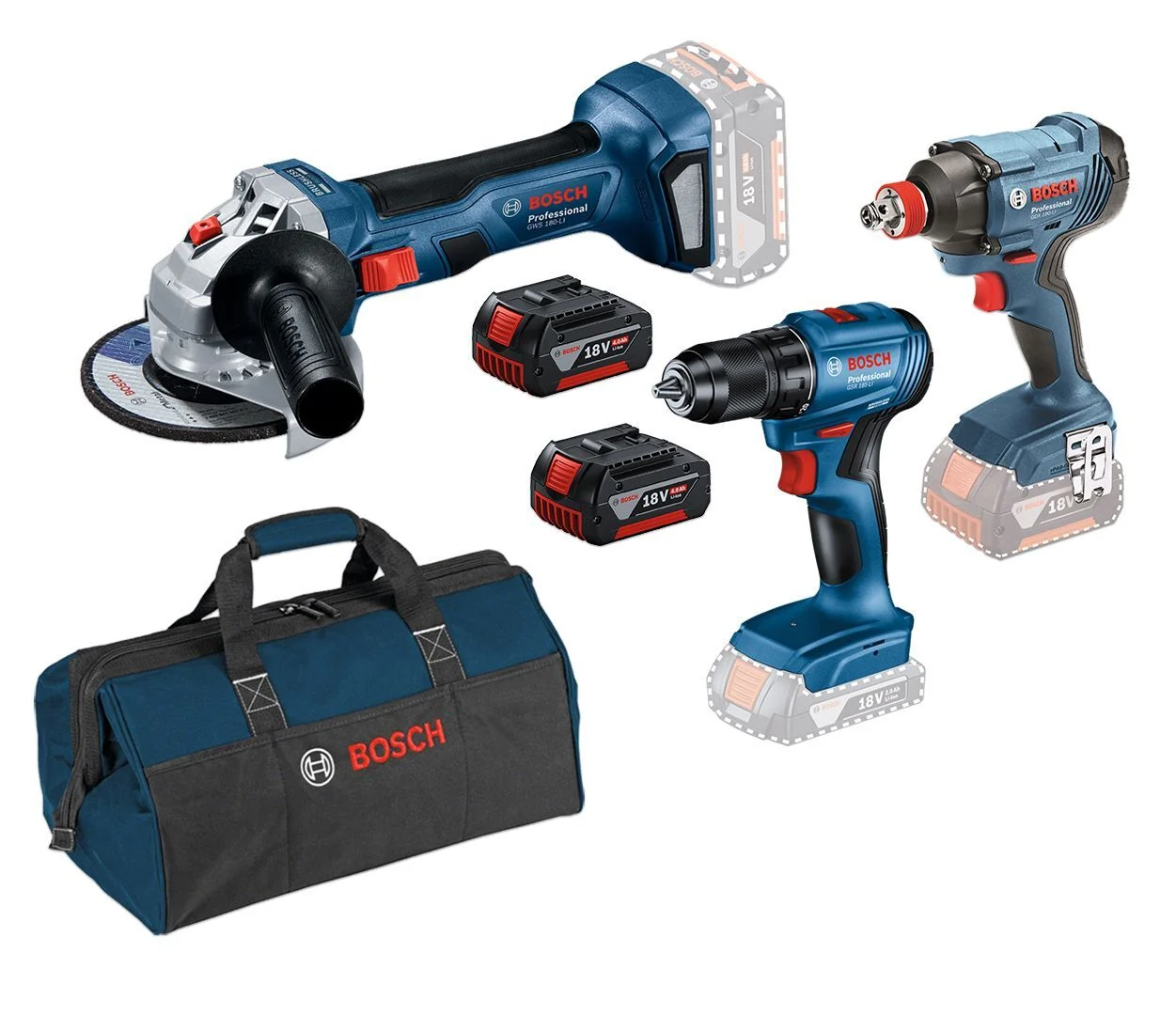 Bosch Gsr 185 + Gdx 180 + Gws 180 2x4Ah Akülü Çantalı vidalama ve taşlaşma seti